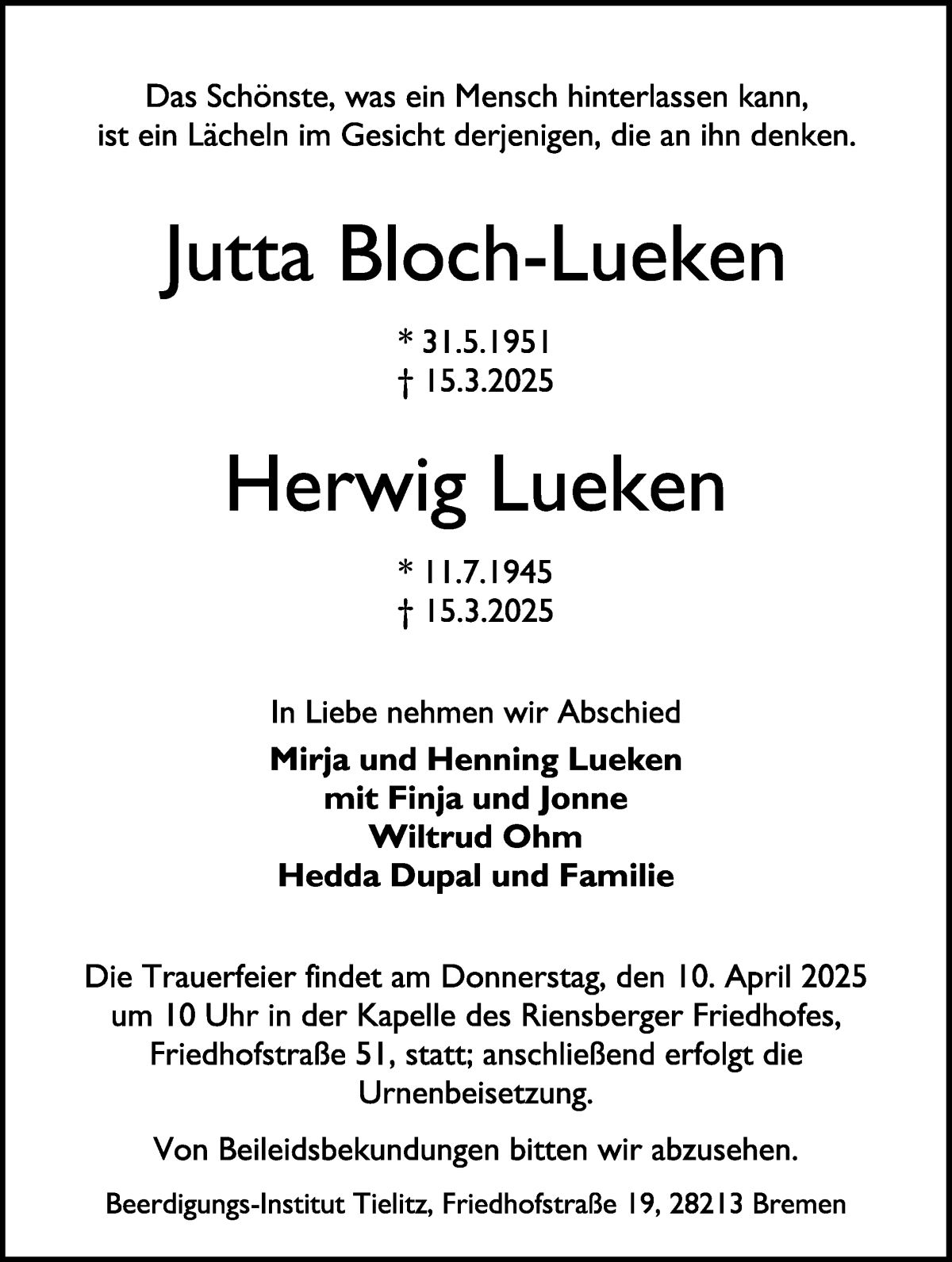 Traueranzeige von Jutta und Herwig Bloch-Lueken und Lueken von WESER-KURIER