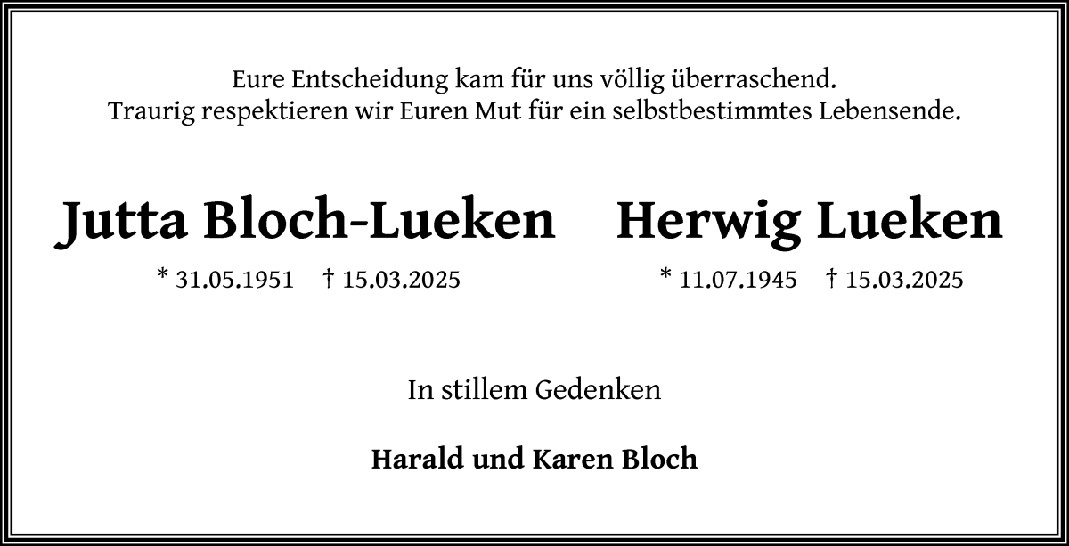Traueranzeige von Jutta und Herwig Bloch-Lueken und Lueken von WESER-KURIER