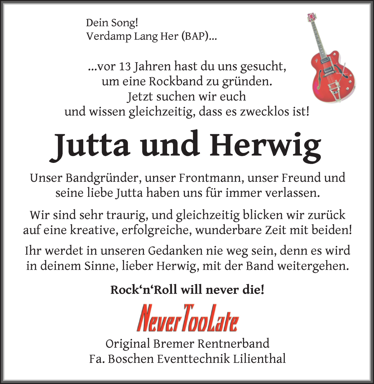 Traueranzeige von Jutta und Herwig Bloch-Lueken und Lueken von WESER-KURIER