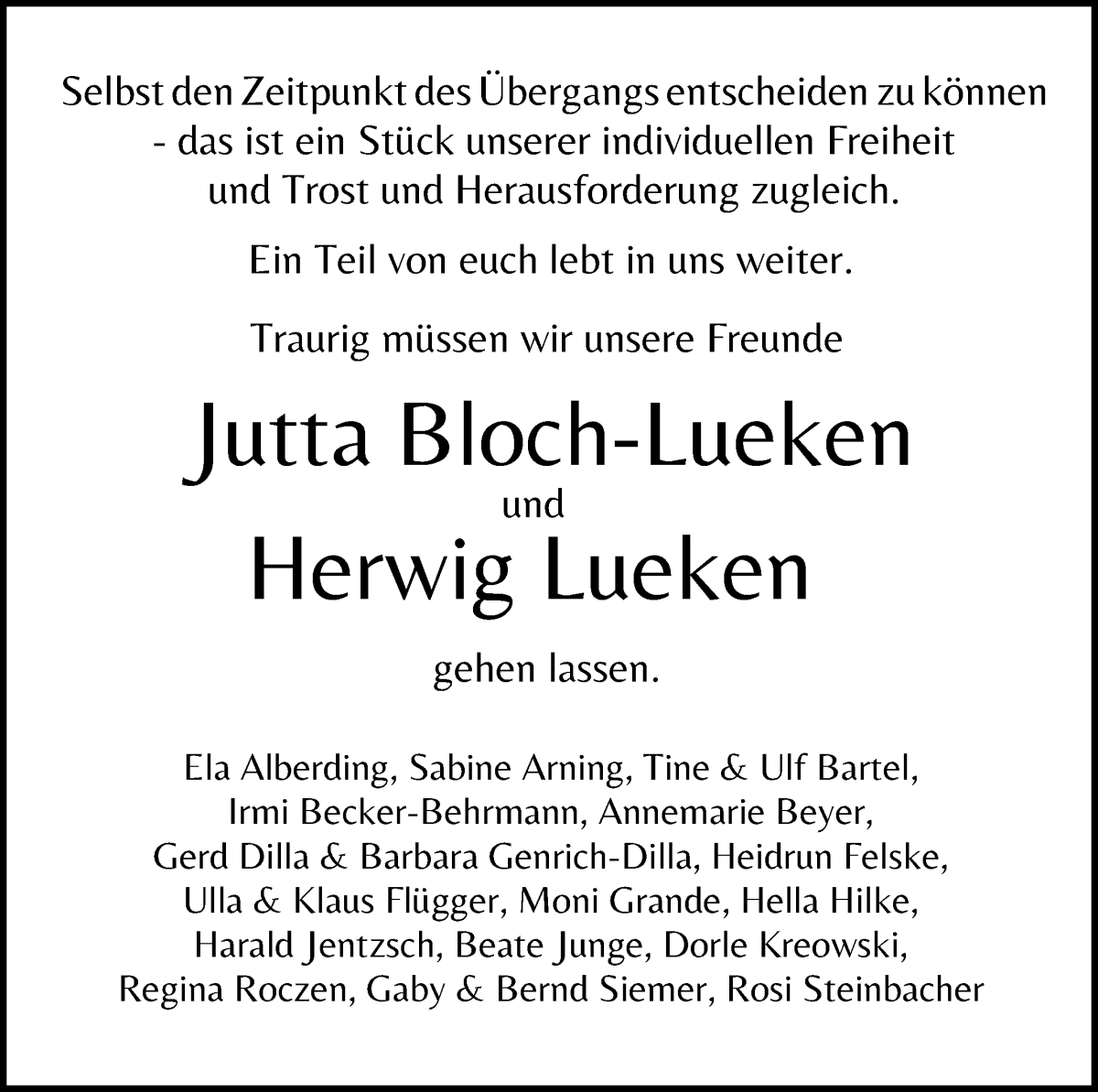 Traueranzeige von Jutta und Herwig Bloch-Lueken und Lueken von WESER-KURIER