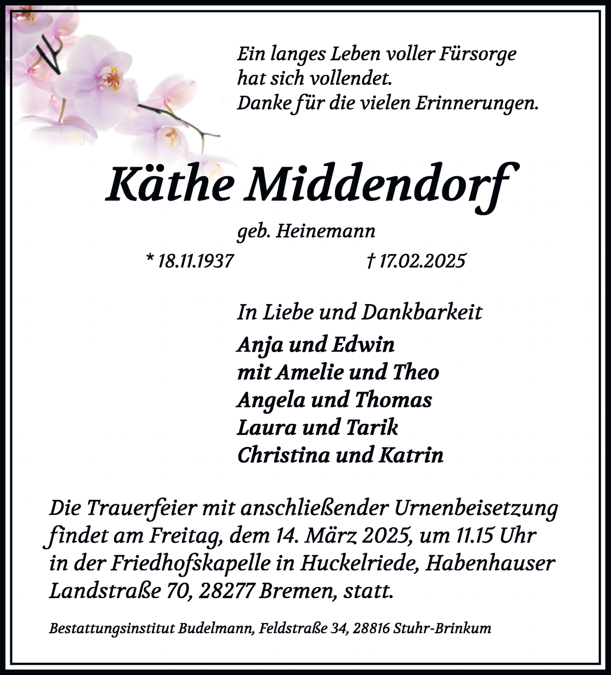 Traueranzeige von Käthe Middendorf von WESER-KURIER