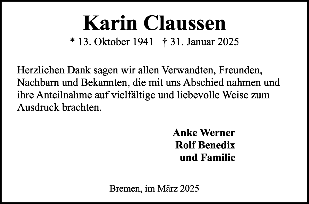 Traueranzeige von Karin Claussen von WESER-KURIER