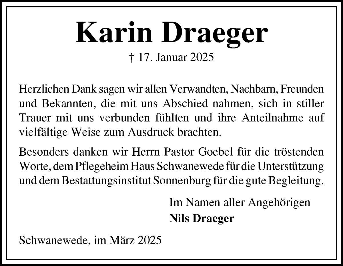 Traueranzeige von Karin Draeger von Die Norddeutsche