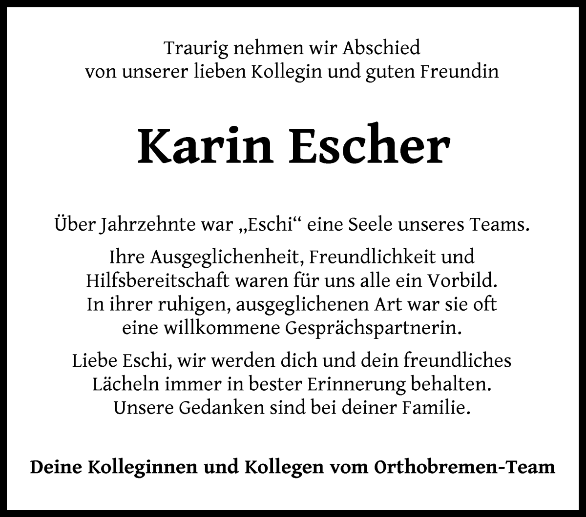 Traueranzeige von Karin Escher von WESER-KURIER