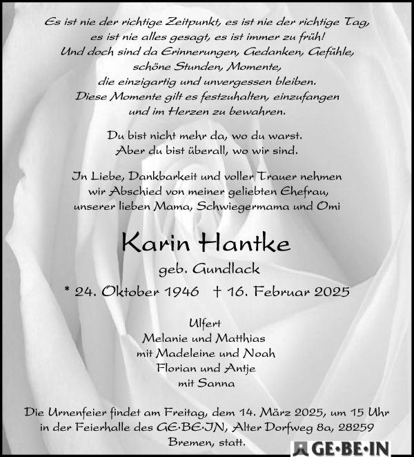 Traueranzeige von Karin Hantke von WESER-KURIER