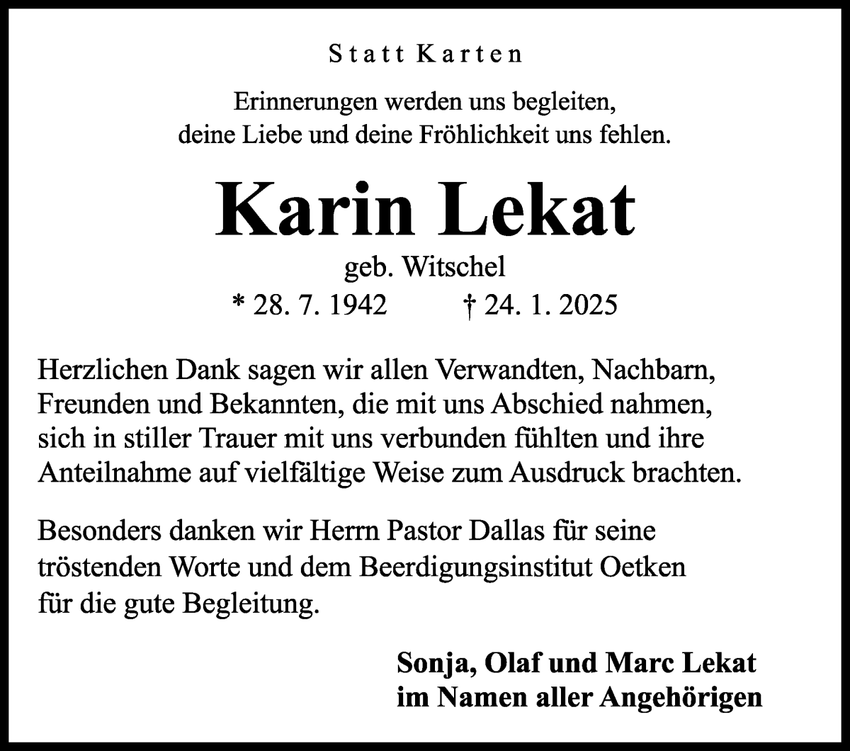 Traueranzeige von Karin Lekat von Die Norddeutsche