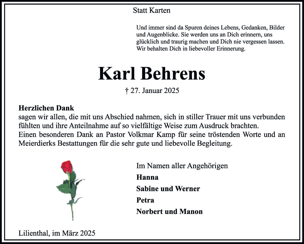 Traueranzeige von Karl Behrens von Wuemme Zeitung