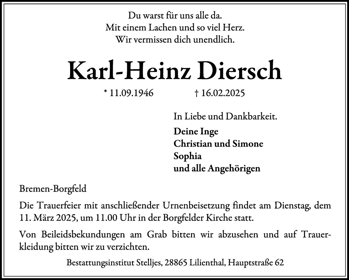 Traueranzeige von Karl-Heinz Diersch von Wuemme Zeitung