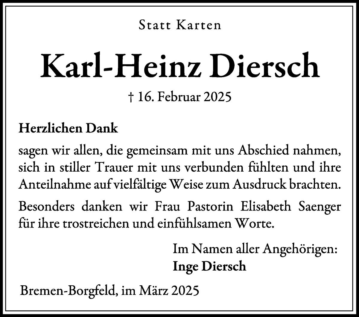 Traueranzeige von Karl-Heinz Diersch von Wuemme Zeitung