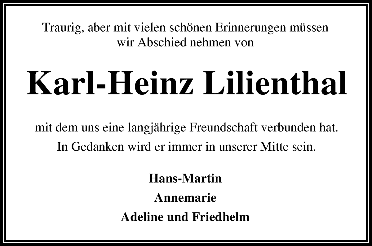 Traueranzeige von Karl-Heinz Lilienthal von Osterholzer Kreisblatt