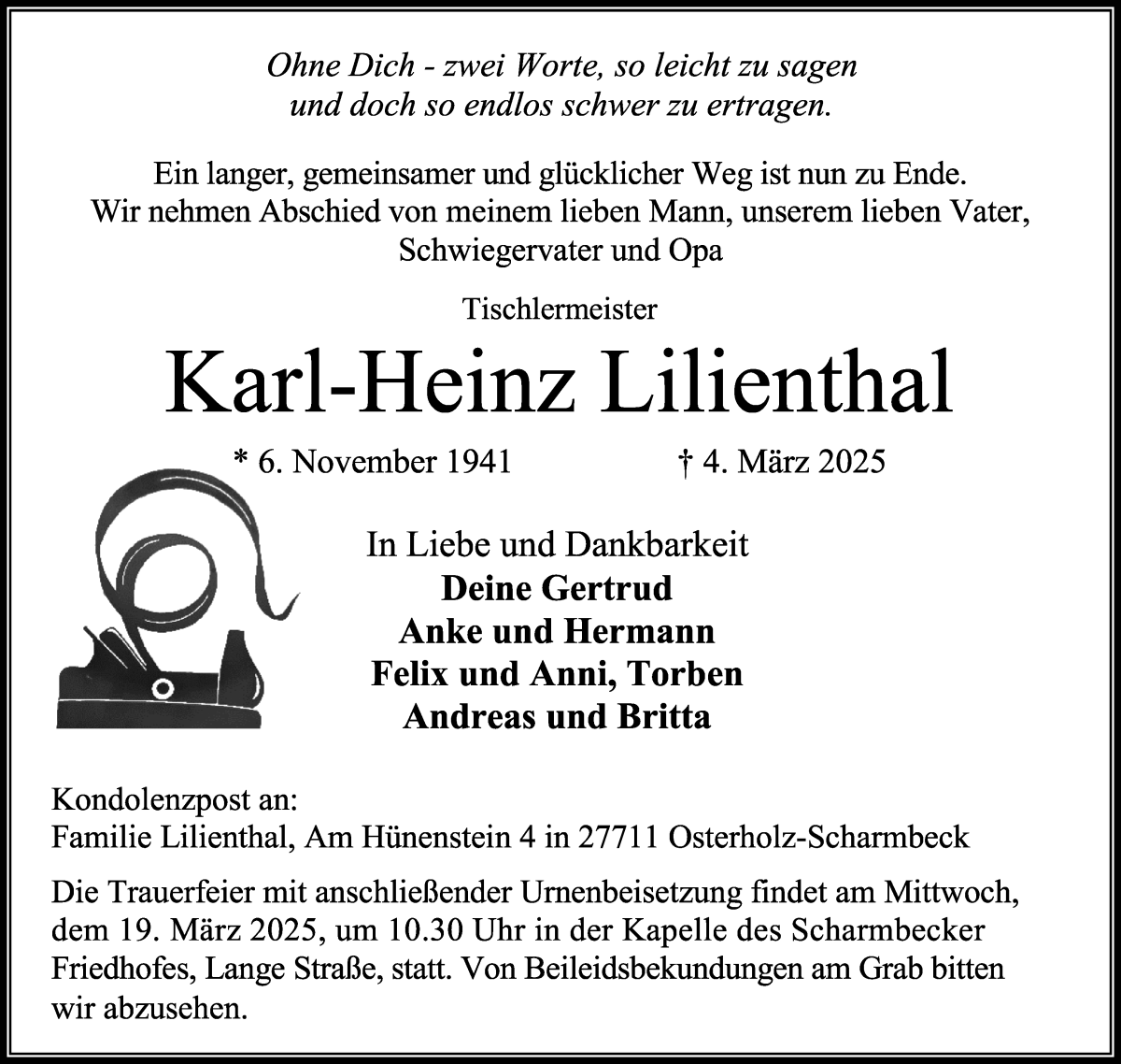 Traueranzeige von Karl-Heinz Lilienthal von Osterholzer Kreisblatt