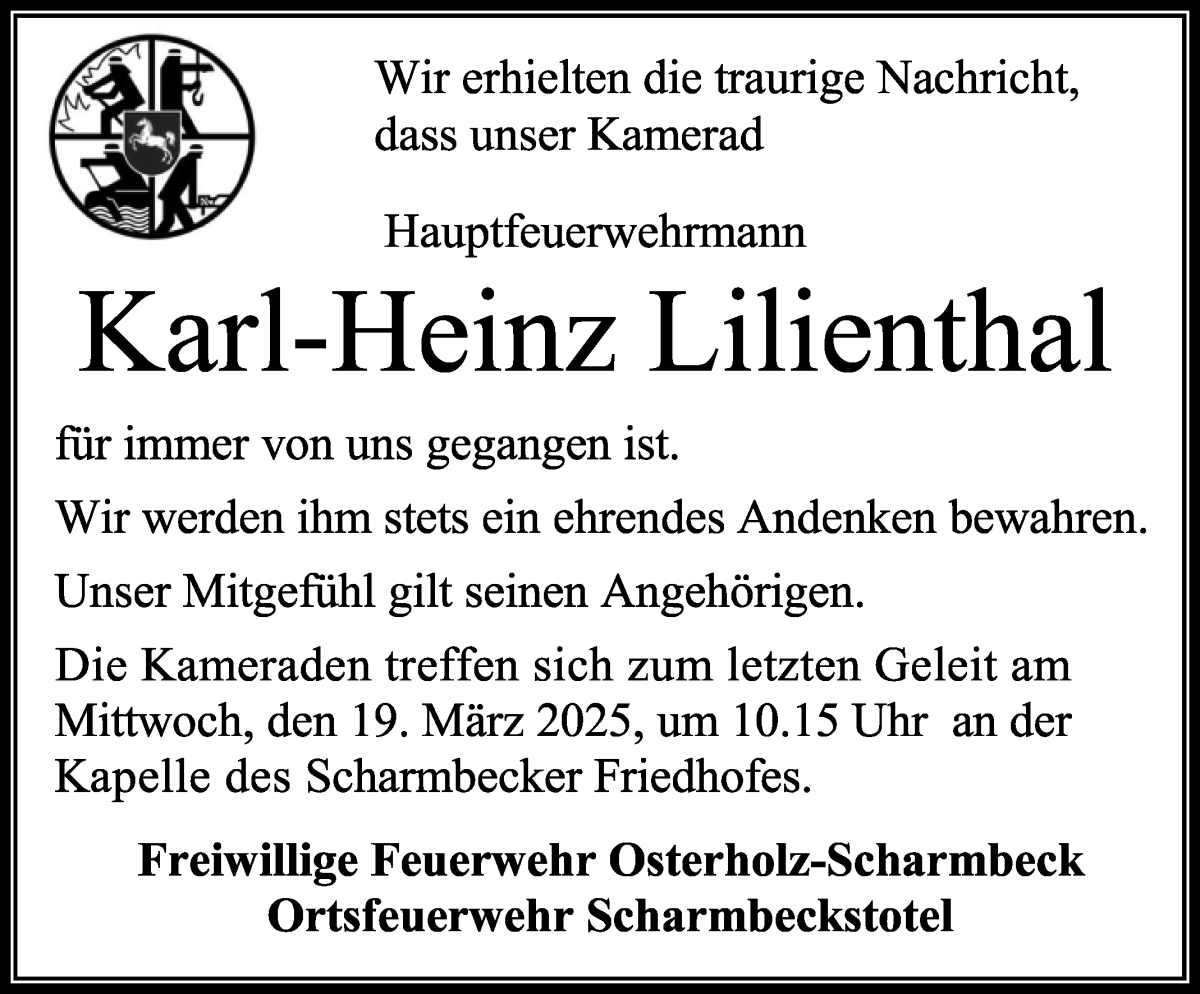 Traueranzeige von Karl-Heinz Lilienthal von Osterholzer Kreisblatt