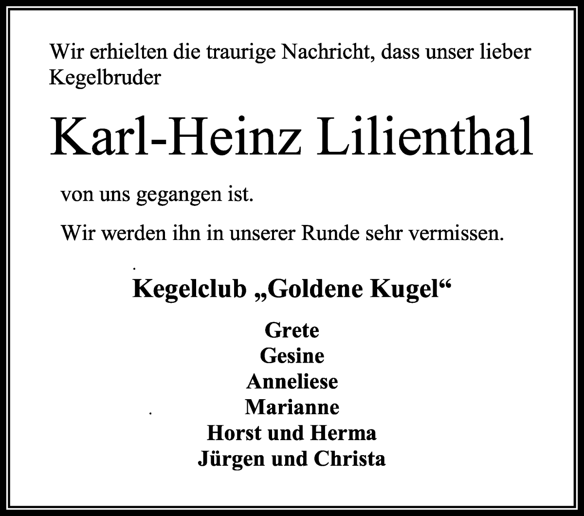 Traueranzeige von Karl-Heinz Lilienthal von Osterholzer Kreisblatt