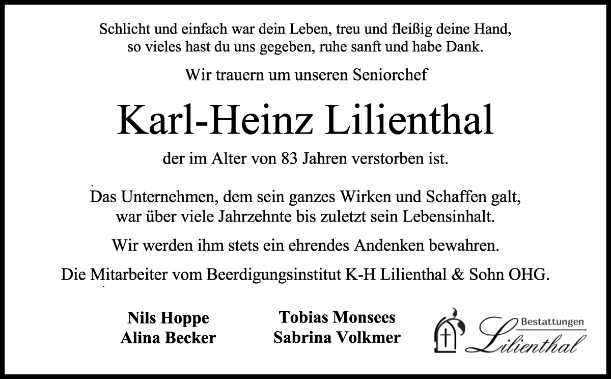 Traueranzeige von Karl-Heinz Lilienthal von Osterholzer Kreisblatt
