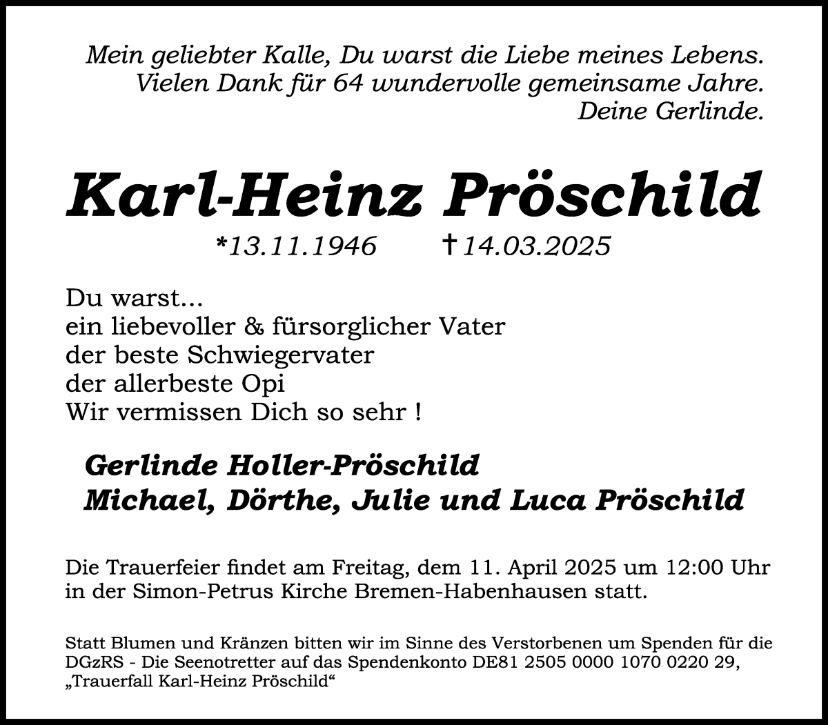 Traueranzeige von Karl-Heinz Pröschild von WESER-KURIER