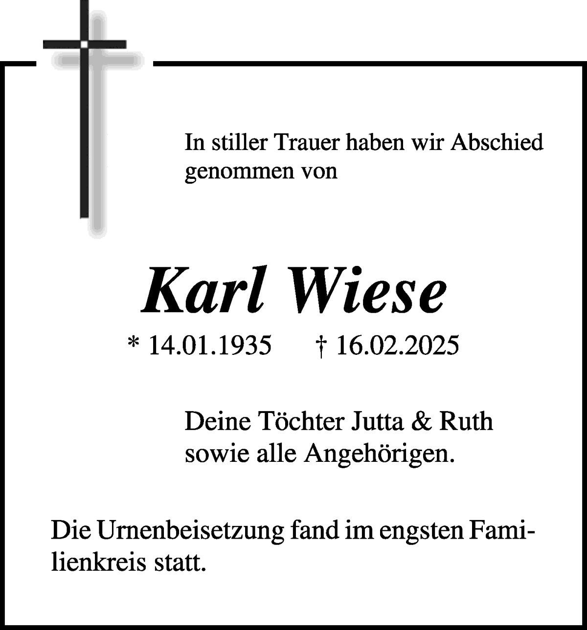 Traueranzeige von Karl Wiese von WESER-KURIER