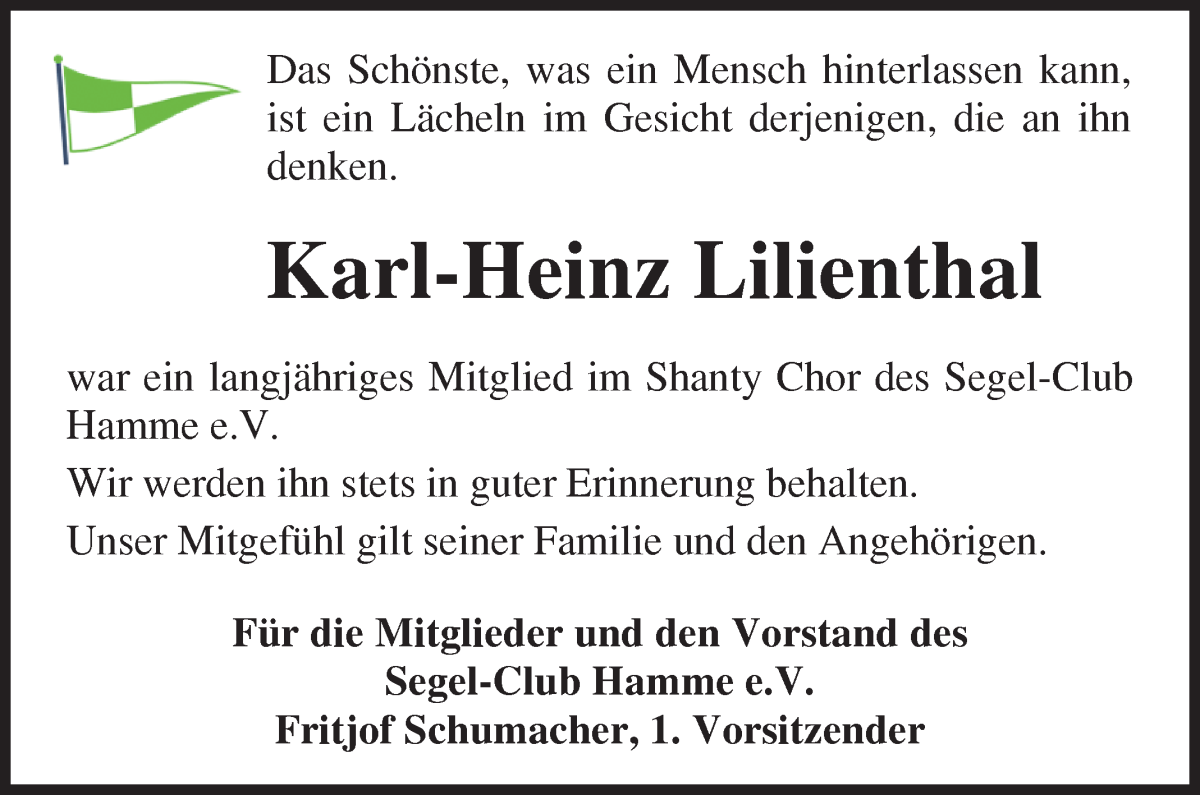 Traueranzeige von Karl Heinz Lilienthal von Osterholzer Kreisblatt