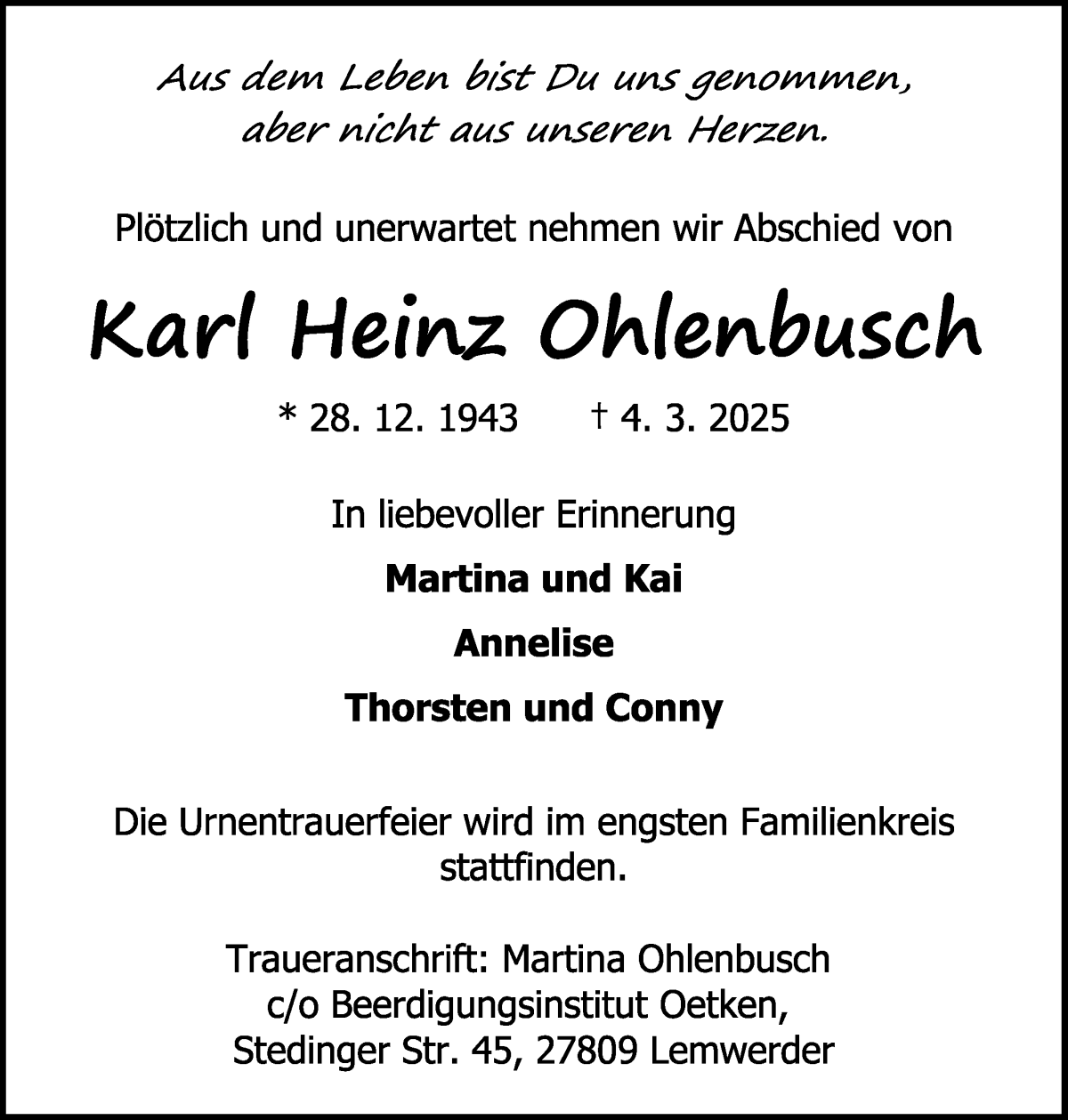 Traueranzeige von Karl Heinz Ohlenbusch von Die Norddeutsche