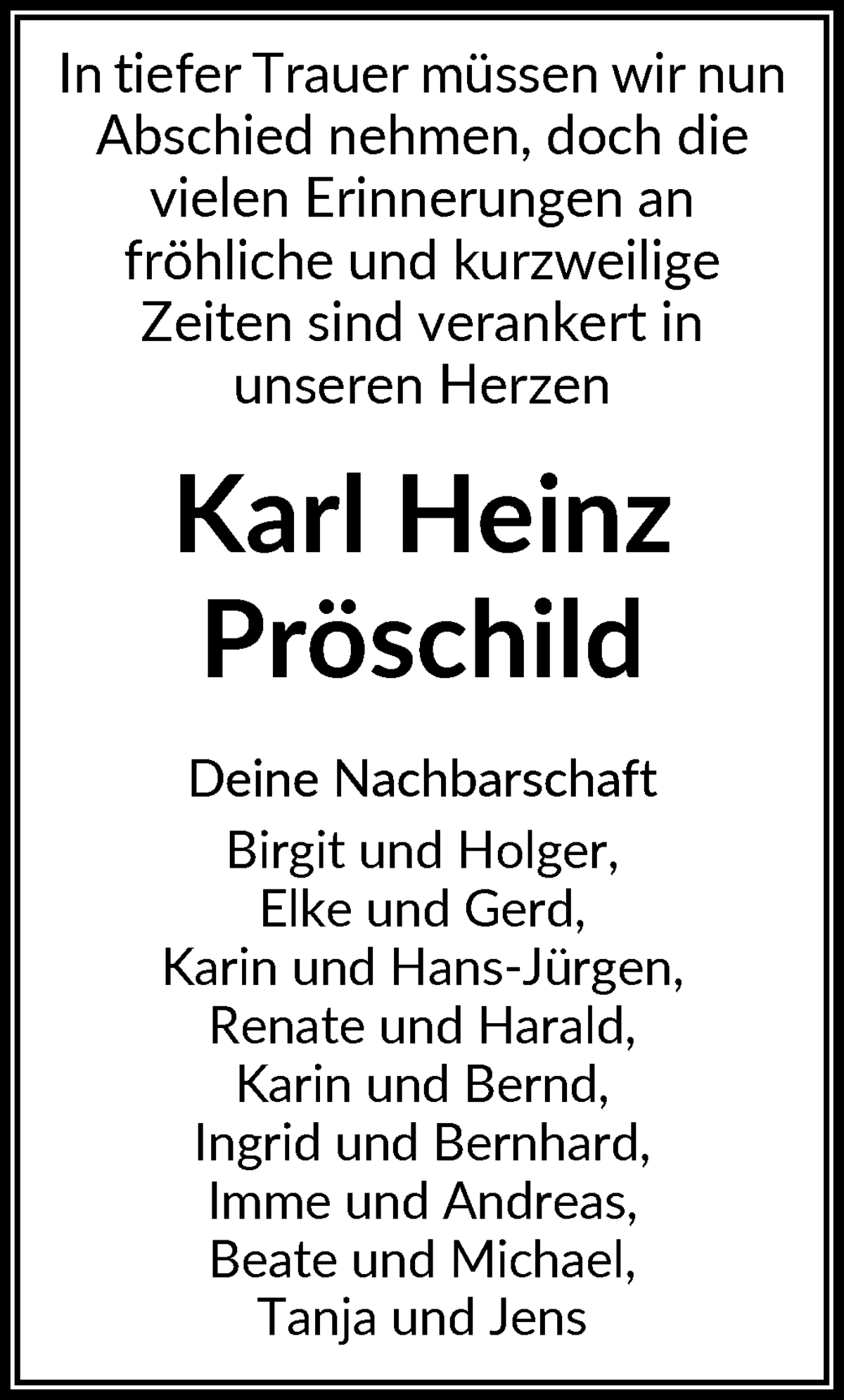 Traueranzeige von Karl Heinz Pröschild von WESER-KURIER