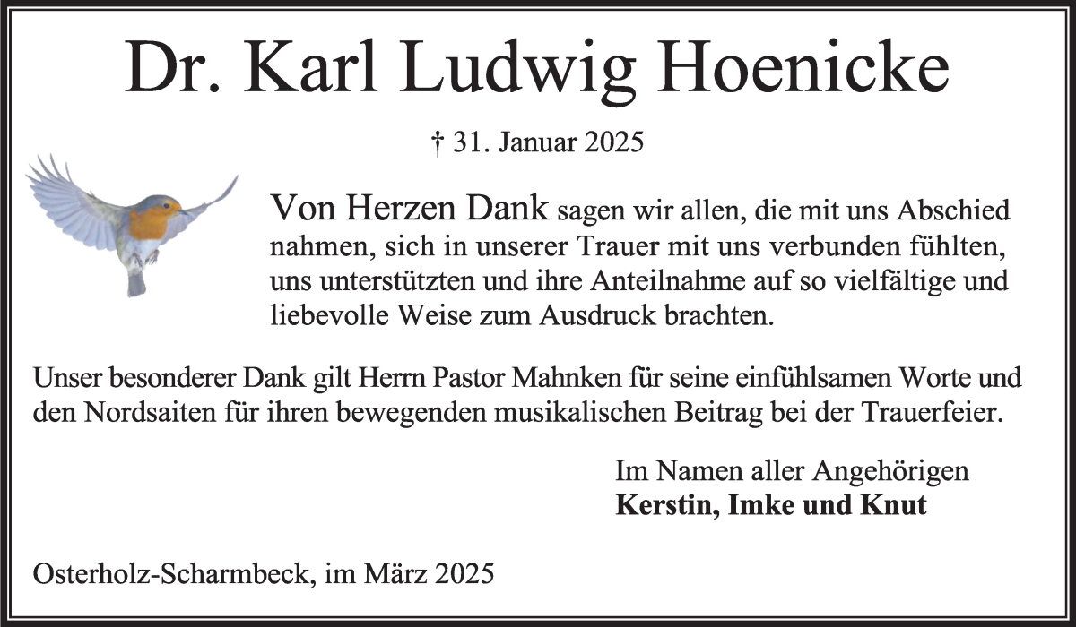 Traueranzeige von Karl Ludwig Hoenicke von Osterholzer Kreisblatt