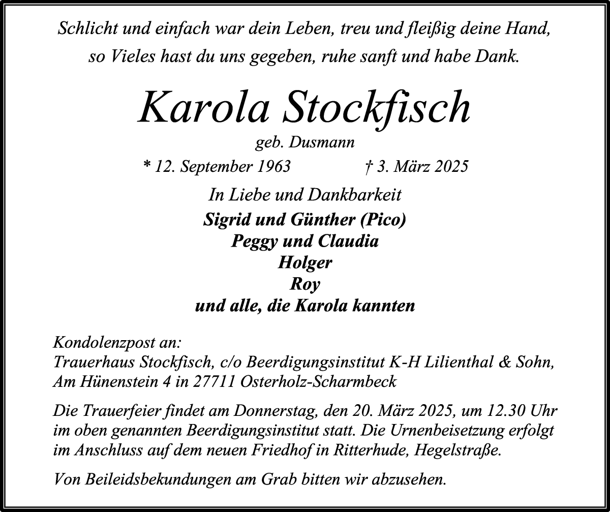 Traueranzeige von Karola Stockfisch von WESER-KURIER