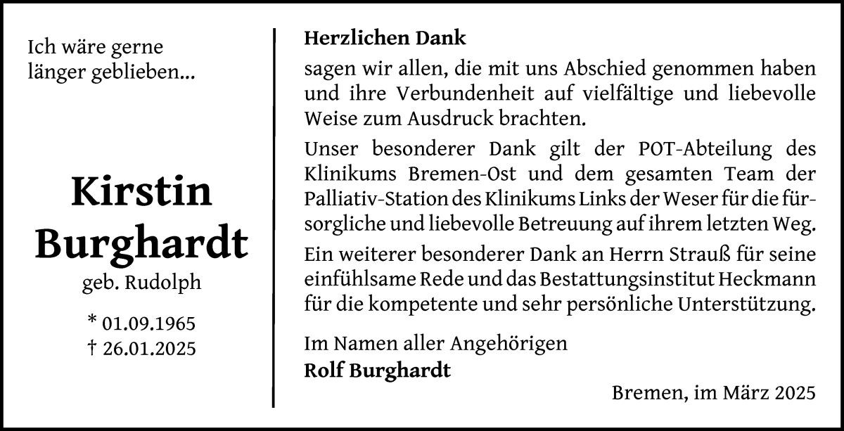 Traueranzeige von Kirstin Burghardt von WESER-KURIER