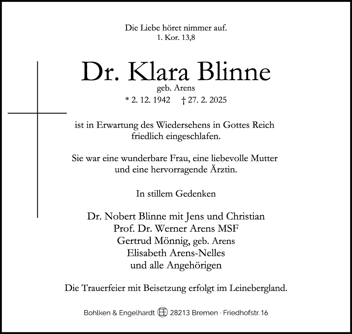 Traueranzeige von Klara Blinne von WESER-KURIER