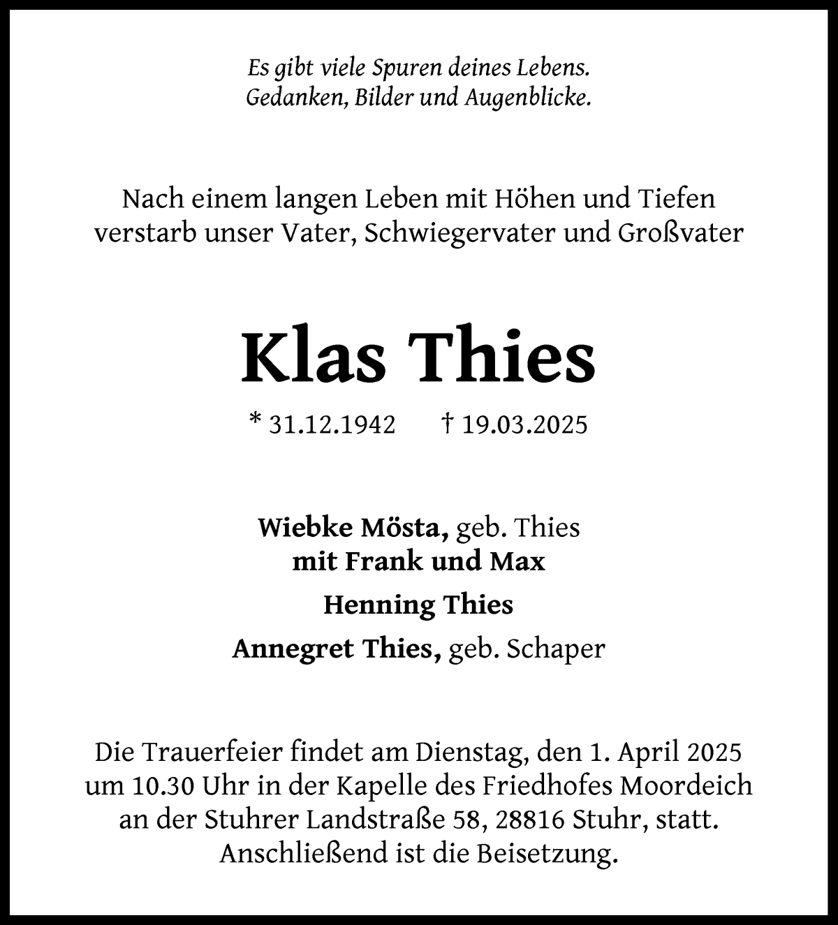 Traueranzeige von Klas Thies von WESER-KURIER