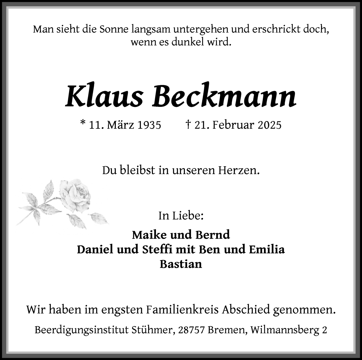 Traueranzeige von Klaus Beckmann von Die Norddeutsche