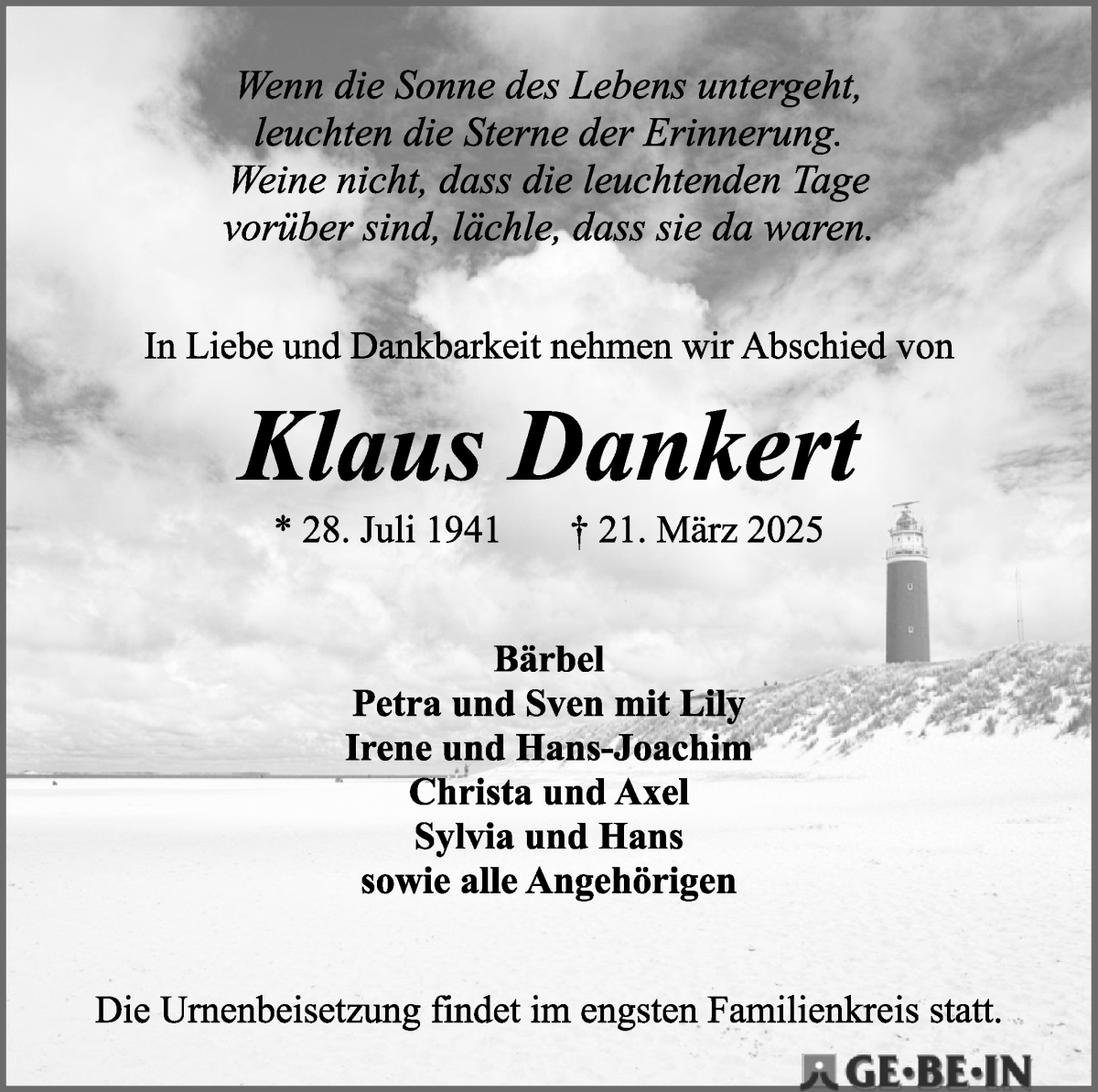 Traueranzeige von Klaus Dankert von WESER-KURIER