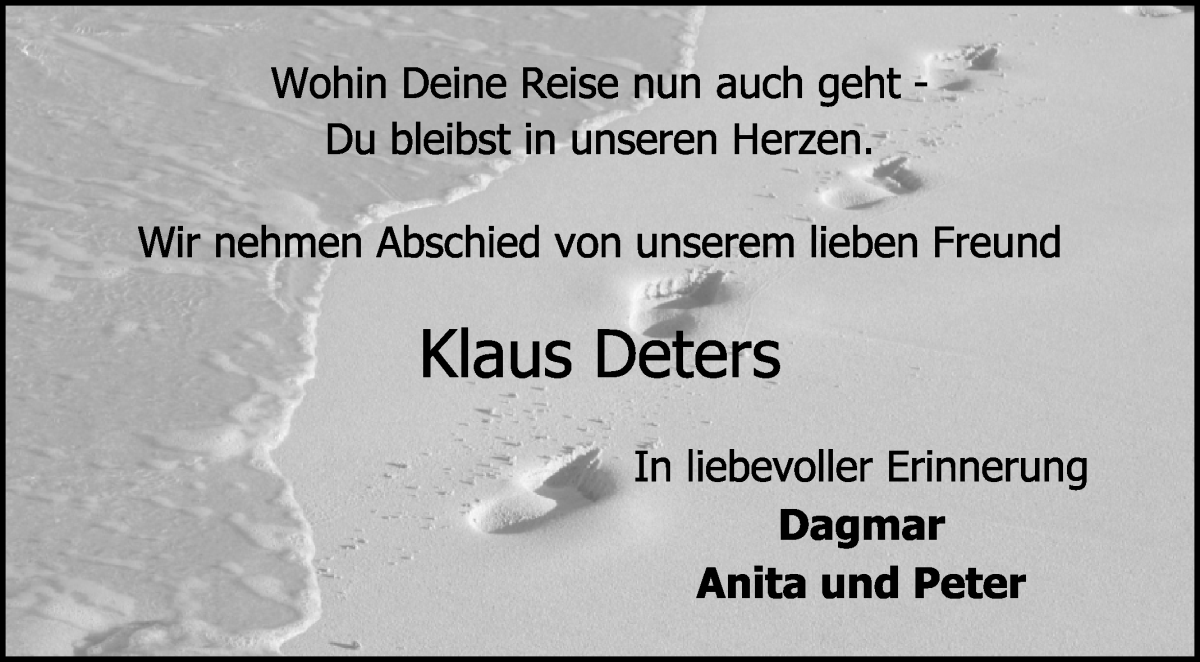 Traueranzeige von Klaus Deters von Die Norddeutsche