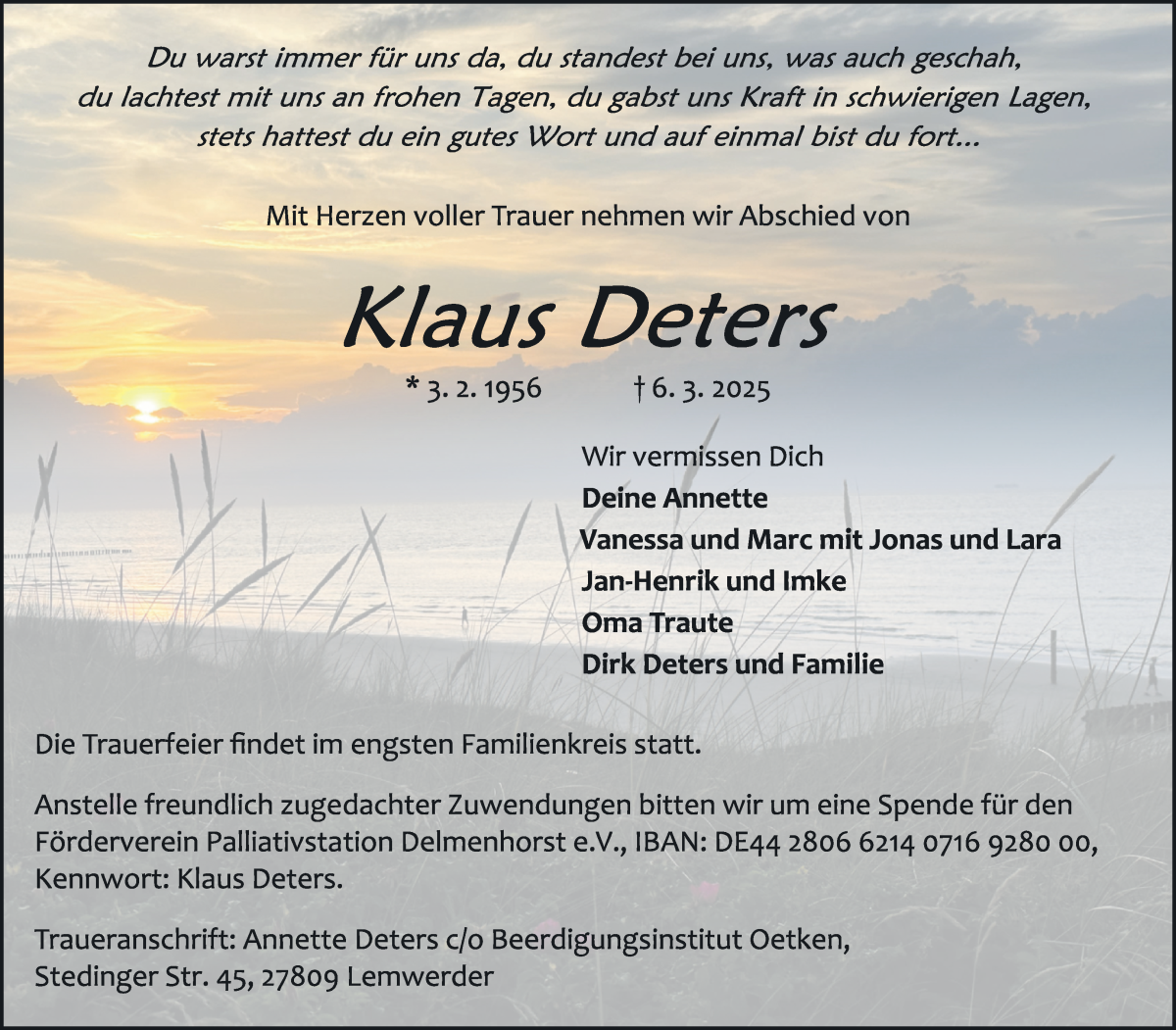 Traueranzeige von Klaus Deters von Die Norddeutsche