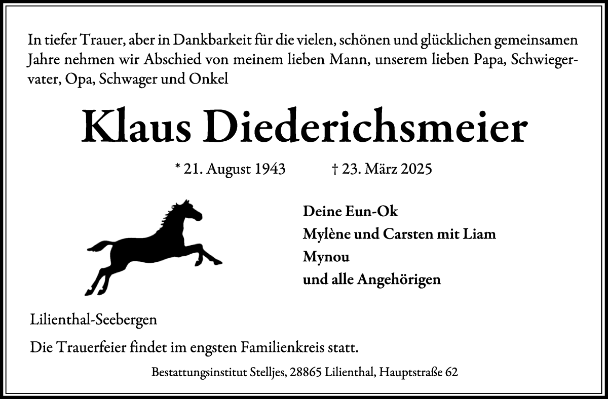 Traueranzeige von Klaus Diederichsmeier von Wuemme Zeitung