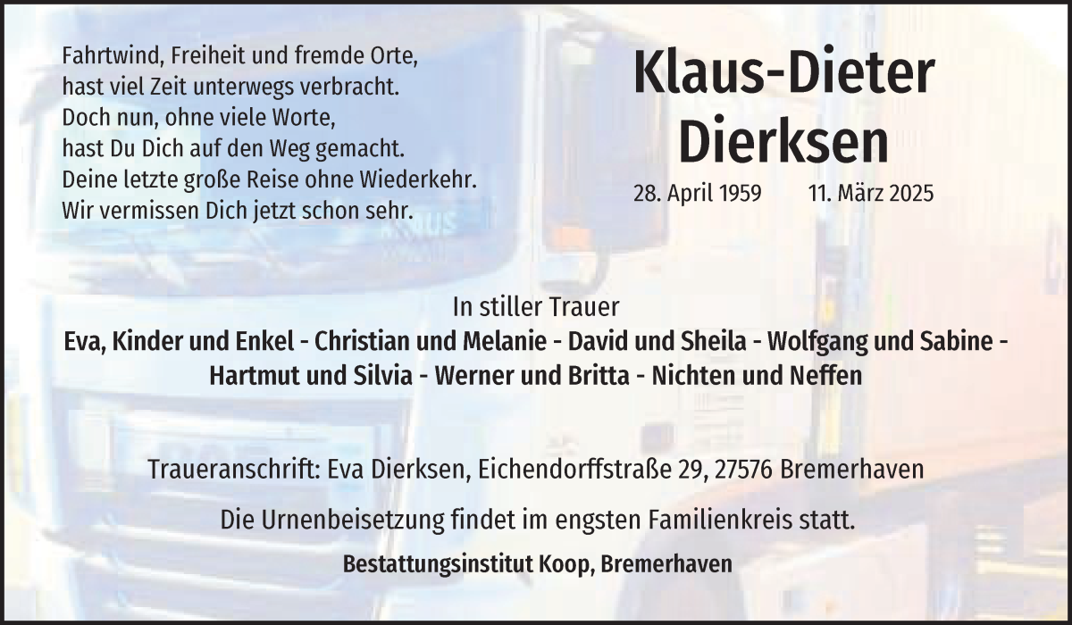 Traueranzeige von Klaus-Dieter Dierksen von Osterholzer Kreisblatt