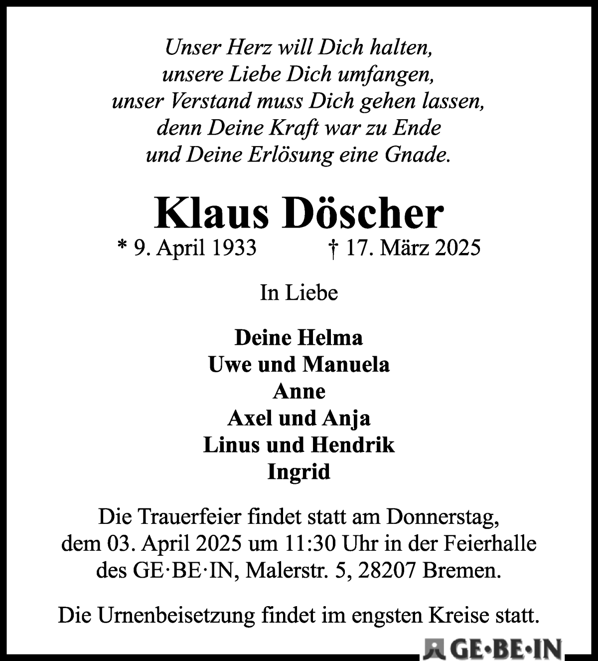 Traueranzeige von Klaus Döscher von WESER-KURIER