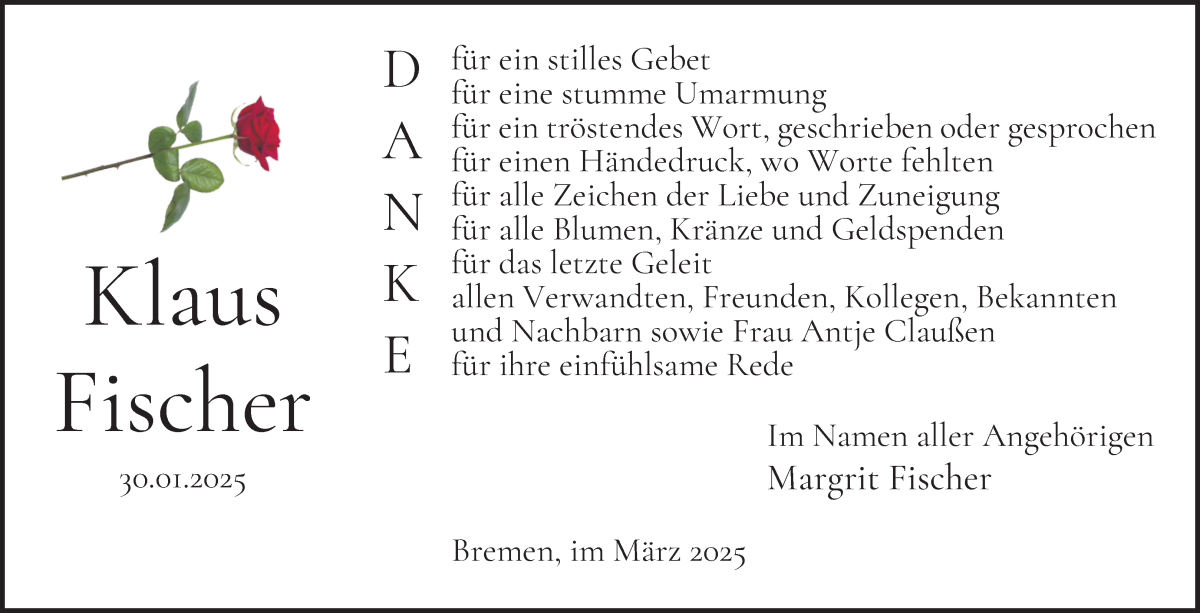 Traueranzeige von Klaus Fischer von WESER-KURIER