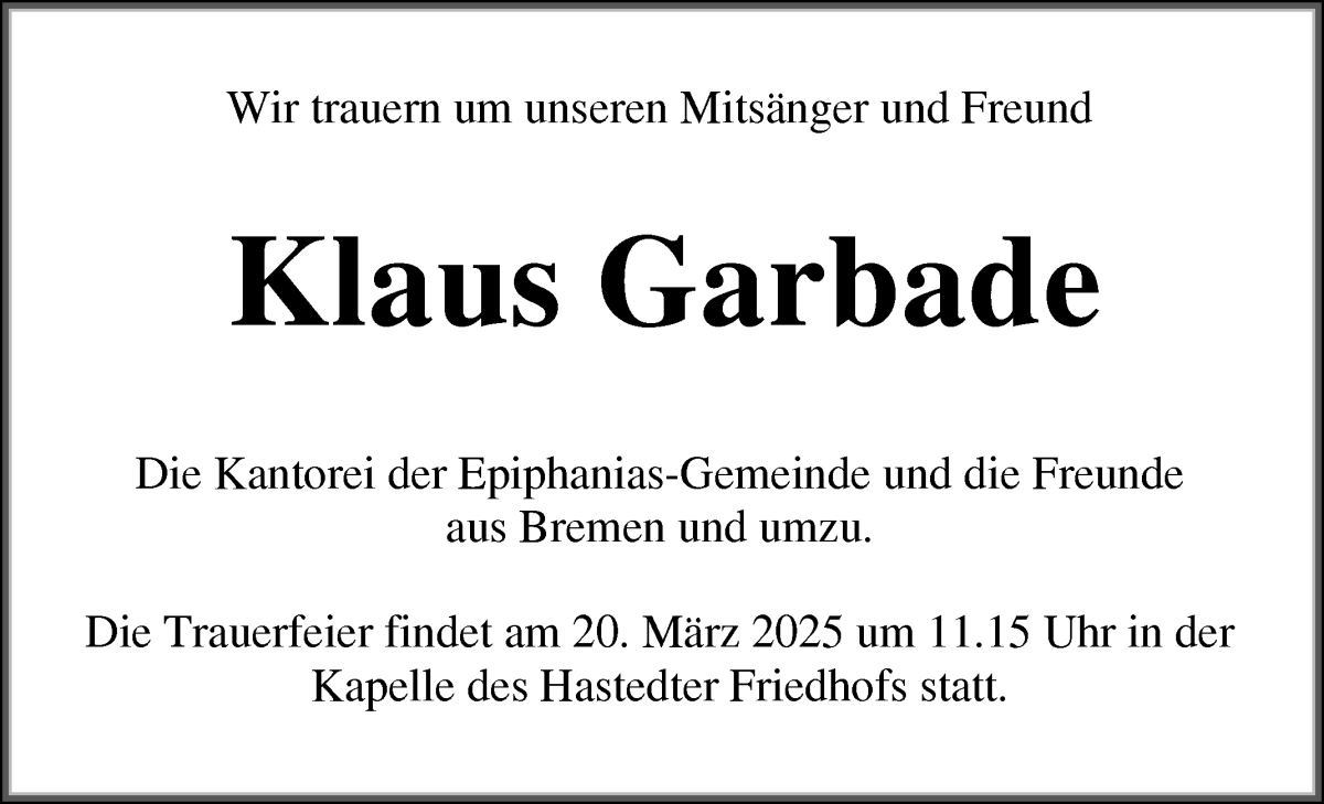 Traueranzeige von Klaus Garbade von WESER-KURIER