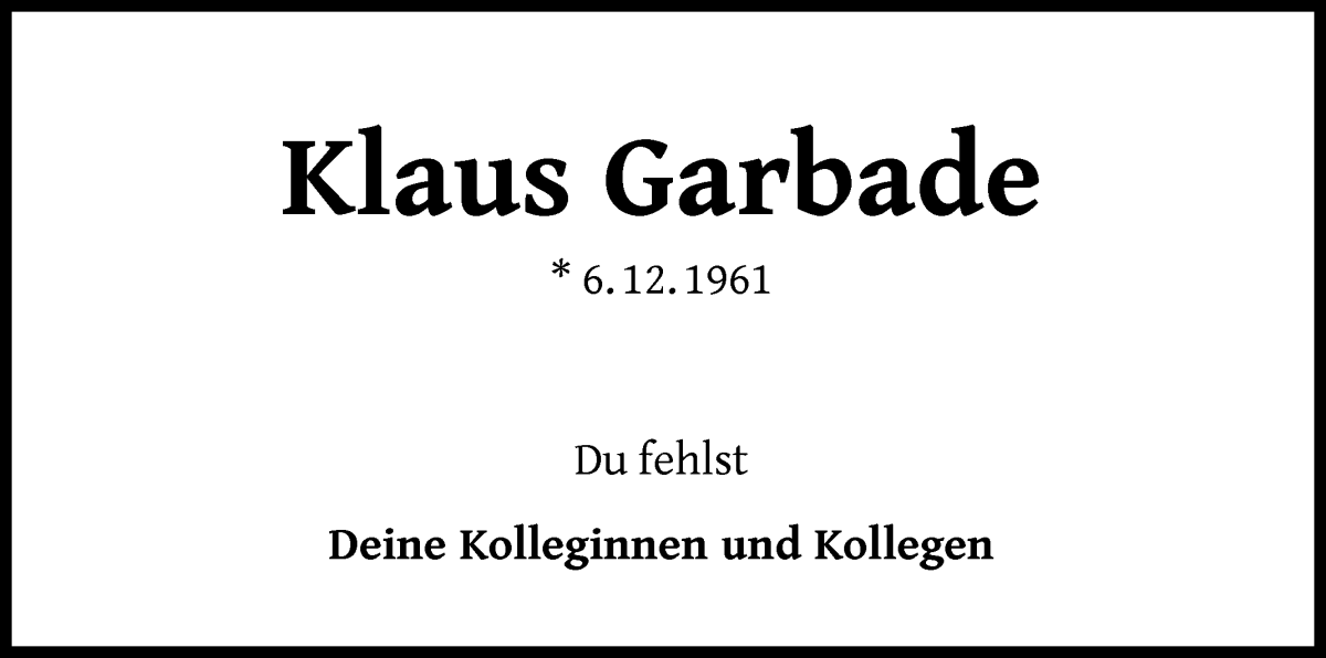 Traueranzeige von Klaus Garbade von WESER-KURIER