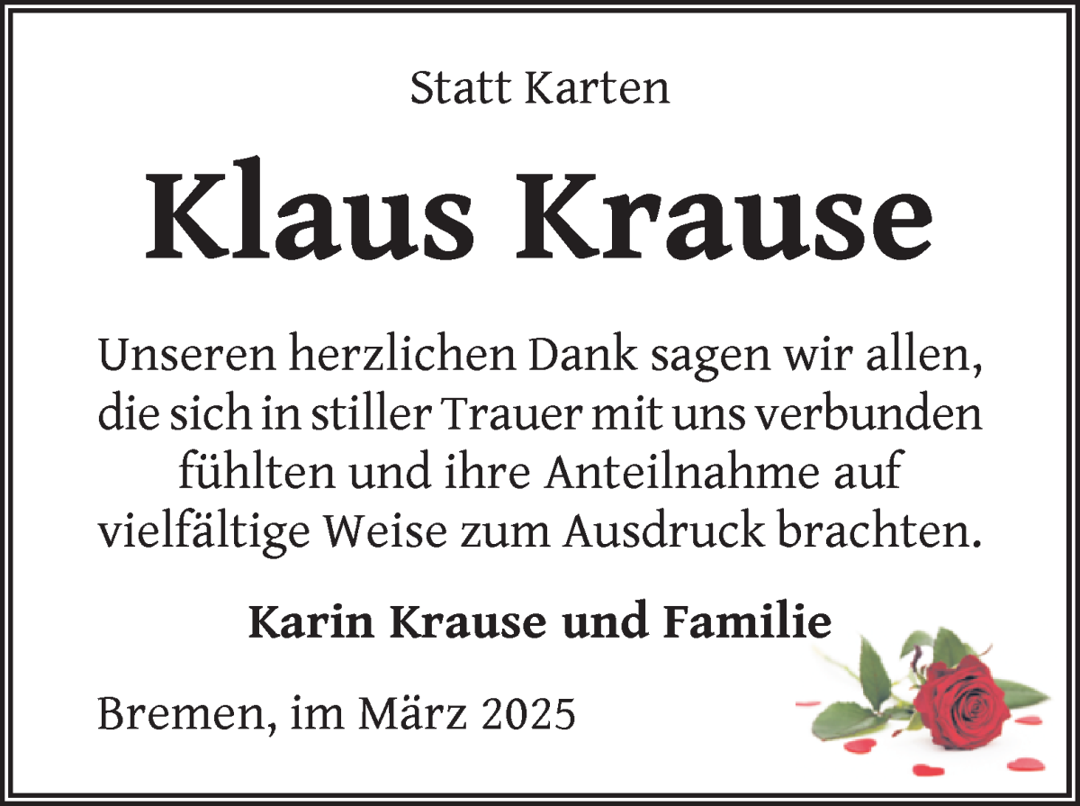 Traueranzeige von Klaus Krause von WESER-KURIER