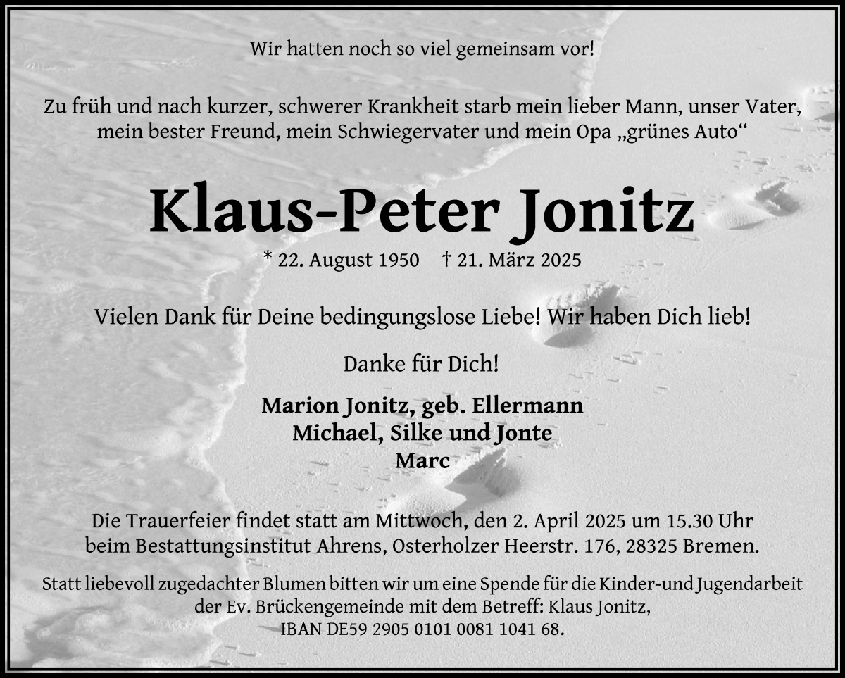 Traueranzeige von Klaus-Peter Jonitz von WESER-KURIER