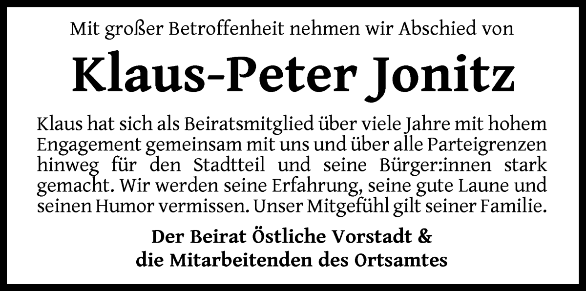 Traueranzeige von Klaus-Peter Jontz von WESER-KURIER