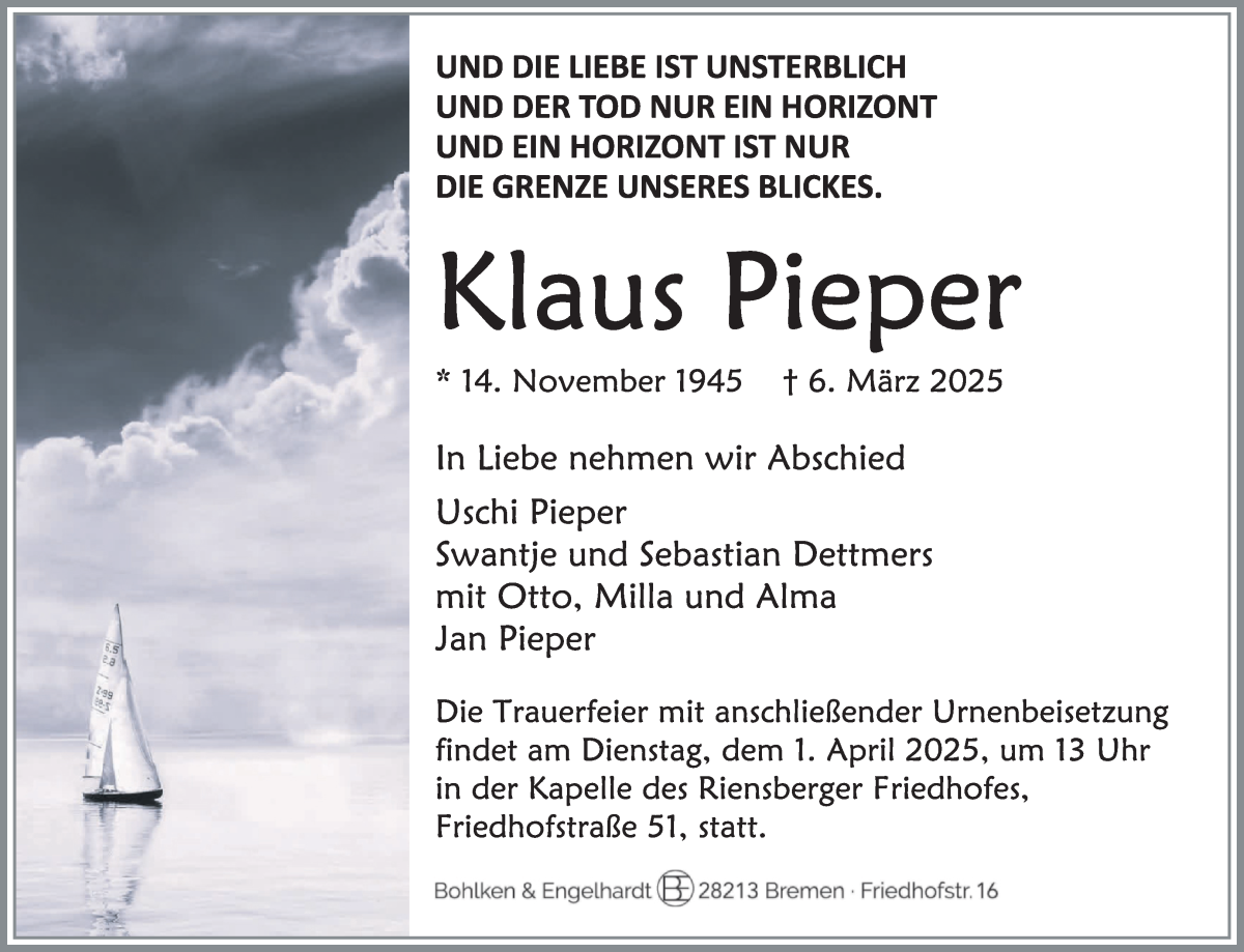 Traueranzeige von Klaus Pieper von WESER-KURIER