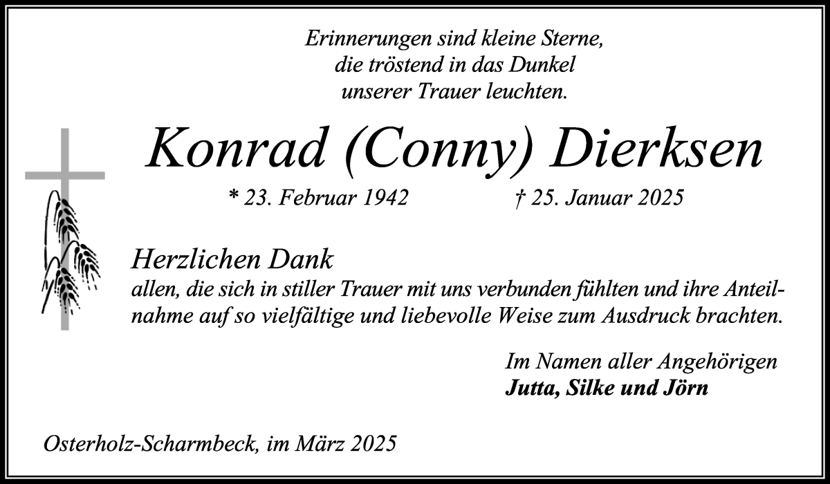 Traueranzeige von Konrad Dierksen von Osterholzer Kreisblatt