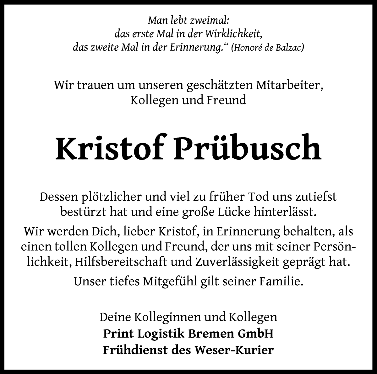 Traueranzeige von Kristof Prübusch von WESER-KURIER