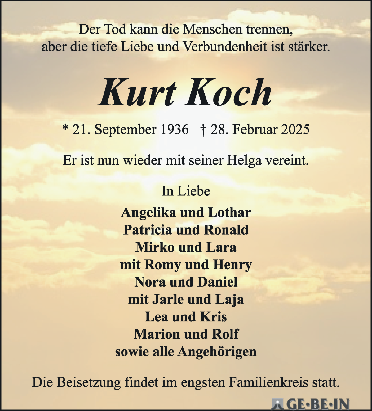 Traueranzeige von Kurt Koch von Die Norddeutsche