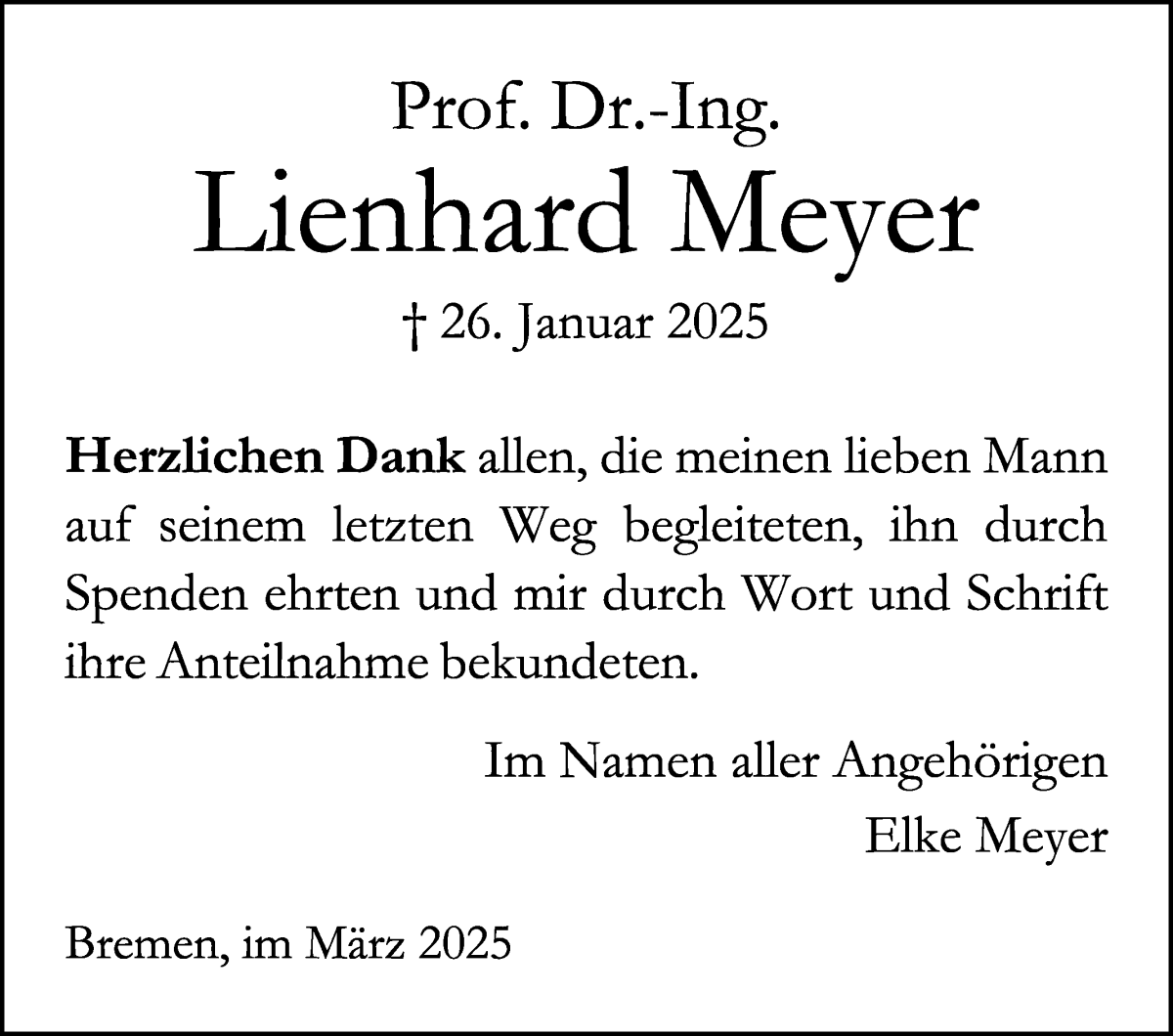 Traueranzeige von Lienhard Meyer von WESER-KURIER