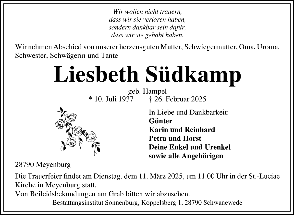 Traueranzeige von Liesbeth Südkamp von Die Norddeutsche