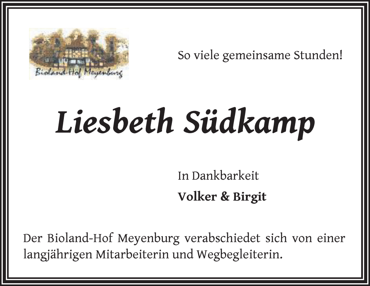 Traueranzeige von Liesbeth Südkamp von Die Norddeutsche