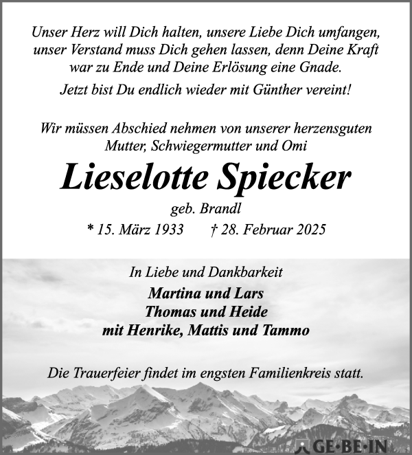 Traueranzeige von Lieselotte Spiecker von WESER-KURIER