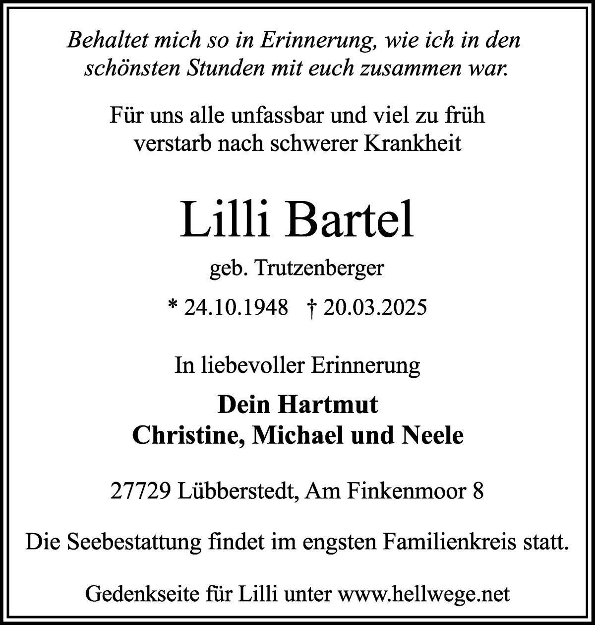 Traueranzeige von Lilli Bartel von Osterholzer Kreisblatt